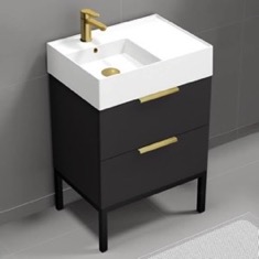 24 inch Small Bathroom Vanity, Modern, Matte Black, Free Standing, Gold Handles